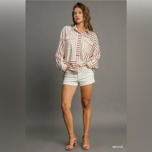 Umgee Striped‎ Henley Oversized Laser Cut Slouchy Long Sleeve Top Size L